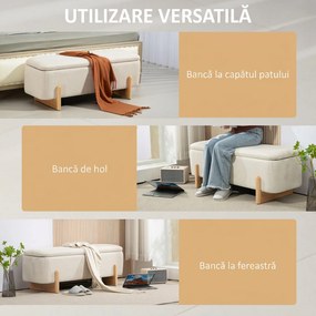 HOMCOM Banchetă cu Depozitare 111x44x44,5 cm, Șezut Tapițat, Material cu Efect de In, Picioare din Lemn, 150 kg, Crem | Aosom Romania
