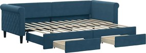 vidaXL Pat de zi cu extensie și sertare, albastru, 80x200 cm, catifea