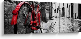 Tablou - Bicicleta roșie pe o stradă pavată (cu ceas) (90x30 cm)
