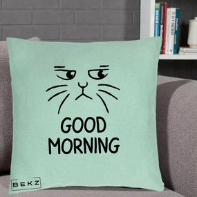 Perna Decorativa Pisica Morocanoasa Good Morning, 40x40 cm, Verde Menta, Husa Detasabila, Perna Inclusa, BEKZ®