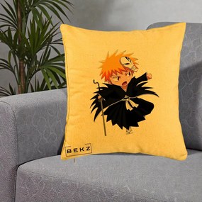 Perna Personalizata Bleach Ichigo Chibi cu Masca, 40x40 cm, Galben, Husa Detasabila, Perna Inclusa, BEKZ®