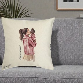 Cadou pentru Mama - Perna Personalizata Super Mom Jachete Roz, 40x40 cm, Ecru, Husa Detasabila, Perna Inclusa, BEKZ®
