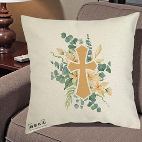Perna Personalizata Cruce Florala Botez, 40x40 cm, Ecru, Husa Detasabila, Perna Inclusa, BEKZ®