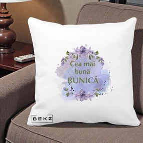 Cadou pentru Bunica - Perna Personalizata Cea Mai Buna Bunica Flori Mov Acuarela Auriu, 40x40 cm, Alba Mata, Husa Detasabila, Perna Inclusa, BEKZ®