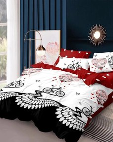 Lenjerie de pat cu 2 fete, policoton, pat 2 persoane, 4 piese, alb / negru, R4-399