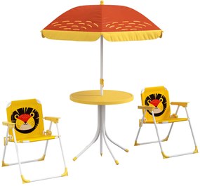 Outsunny Set mobilier de grădină pentru copii 4 piese motiv de leu cu umbrelă reglabilă Ø 100 cm scaun pliabil galben | Aosom Romania