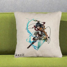 Perna Personalizata Attack on Titan Mikasa Ackerman Lupta, 40x40 cm, Bej Canapea, Husa Detasabila, Perna Inclusa, BEKZ®