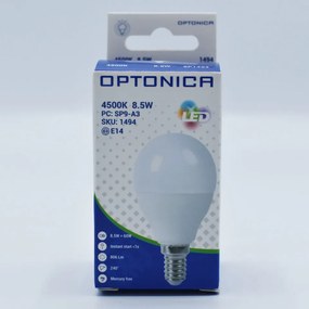 Bec LED sferic 8.5W(54W) Optonica, E14, G45, 800 lm, lumina neutra (4500K), opal, clasa energetica F