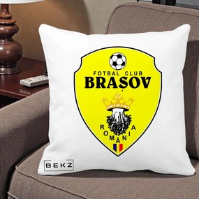 Perna Personalizata FC Brasov Fotbal Romania, 40x40 cm, Alba Mata, Husa Detasabila, Perna Inclusa, BEKZ®