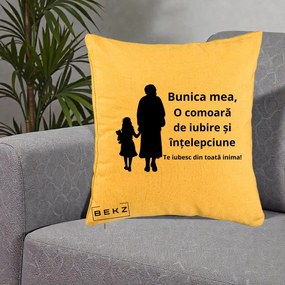 Cadou pentru Bunica - Perna Personalizata Bunica Mea Comoara Iubire Intelepciune Silueta, 40x40 cm, Galben, Husa Detasabila, Perna Inclusa, BEKZ®