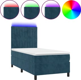 vidaXL Pat cu arcuri, saltea și LED, bleumarin, 100x200 cm, catifea