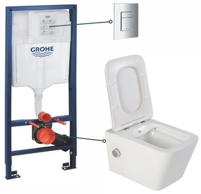 Set vas wc suspendat cu functie bideu alb si baterie inclusa crom Foglia Safari, rezervor wc incastrat si clapeta crom, Grohe