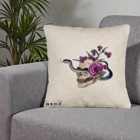 Perna Decorativa Craniu cu Sarpe si Trandafiri Gothic, 40x40 cm, Bej Canapea, Husa Detasabila, Perna Inclusa, BEKZ®