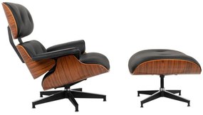 Fotoliu cu suport pentru picioare LOUNGE HM PREMIUM WIDE negru - placaj trandafir, piele naturala