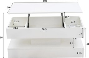 Masă de cafea modernă cu iluminare LED și spațiu de depozitare ascuns, măsuță laterală cu sistem hidraulic de ridicare, 100x50x42 cm, Alb