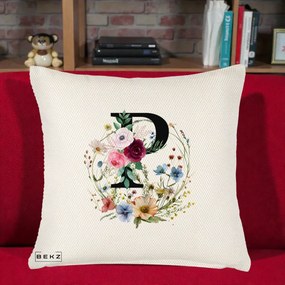 Cadou Personalizat - Perna Personalizata Monogram Litera P cu Flori Acuarela, 40x40 cm, Crem Reliefat, Husa Detasabila, Perna Inclusa, BEKZ®