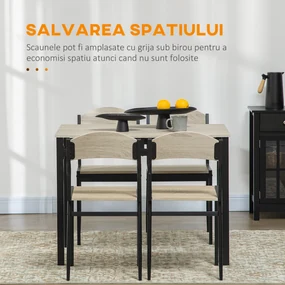 Set HOMCOM de Masă și 4 Scaune, Design Dreptunghiular, Oțel și MDF, Negru și Lemn Natural, 100x63x76.5cm și 45x40x82cm | Aosom Romania