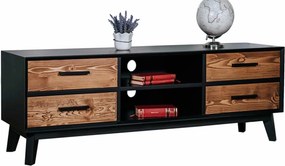 Comodă TV lemn masiv Timeless 4 Sertare 2 Nișe Negru, 146 × 40 × 48 cm
