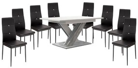 Set de sufragerie pentru 8 persoane Maasix WTS, alb-gri, lucios ridicat, cu scaune Elvira negre
