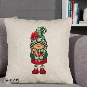 Perna Decorativa Gnom Craciun Verde cu Bomboane si Floare, 40x40 cm, Bej Canapea, Husa Detasabila, Perna Inclusa, BEKZ®