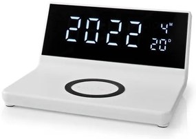 Nedis WCACQ20WT - Ceas cu alarmă, ecran LCD și încărcător wireless 15W/5V alb