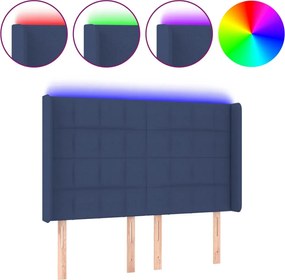 vidaXL Tăblie de pat cu LED, albastru, 147x16x118/128 cm, textil