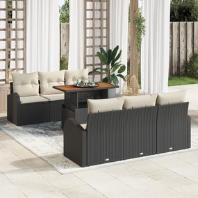 vidaXL Set de Masă pentru Grădină cu perne Negre din Poliratan Acacia de 7 Piese