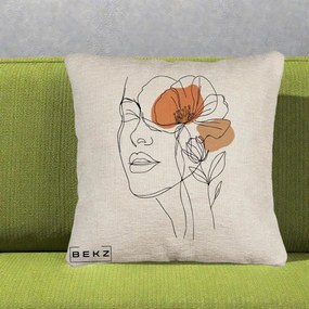 Perna Decorativa Portret Feminin Mac Profilat, 40x40 cm, Bej Canapea, Husa Detasabila, Perna Inclusa, BEKZ®