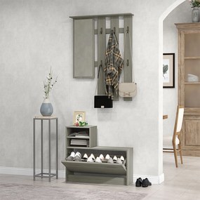 HOMCOM Set de Depozitare 4-în-1 pentru Hol, Cuier de Perete cu Oglindă, Bancă pentru Încălțăminte, 85x15x110 cm, Gri | Aosom Romania