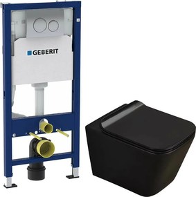 Pachet vas wc negru mat Rune Jord, capac slim softclose si set rezervor wc cu cadru incastrat Geberit Duofix si clapeta crom Delta20
