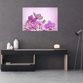 Tablou - Fluture pe flori de orhidee, liliac (90x60 cm)