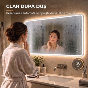 HOMCOM Oglindă de Baie cu LED 70x100 cm, 3 Culori de Lumină, Dimabilă, Antiaburire, Touch, Memorie | Aosom Romania