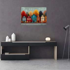 Tablou pe sticlă - Oraș de toamnă pictat (70x50 cm)