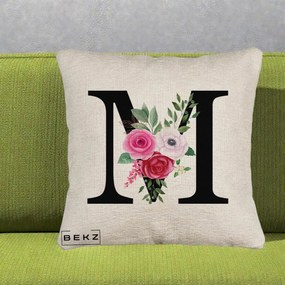 Cadou Personalizat - Perna Personalizata Monograma Florala Litera M cu Trandafiri si Anemona, 40x40 cm, Bej Canapea, Husa Detasabila, Perna Inclusa, BEKZ®