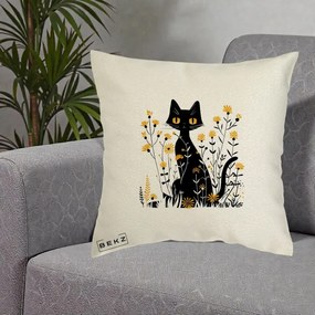 Perna Decorativa Pisica Neagra Ochi Galbeni Flori Galbene, 40x40 cm, Ecru, Husa Detasabila, Perna Inclusa, BEKZ®