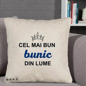 Cadou pentru Bunic - Perna Personalizata Cel Mai Bun Bunic Din Lume Coroana Albastra, 40x40 cm, Bej Canapea, Husa Detasabila, Perna Inclusa, BEKZ®