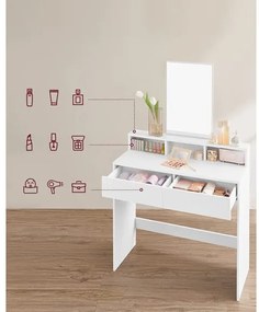Masa De Toaleta Cu Oglinda, 2 Sertare Si 3 Compartimente, Alb, 80 Cm