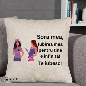Cadou pentru Sora - Perna Personalizata Sora Mea Te Iubesc Doua Fete cu Telefoane, 40x40 cm, Bej Canapea, Husa Detasabila, Perna Inclusa, BEKZ®