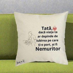 Cadou pentru Tata - Perna Personalizata Tata Nemuritor Lectura, 40x40 cm, Ecru, Husa Detasabila, Perna Inclusa, BEKZ®