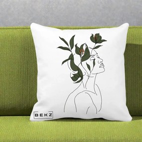 Perna Decorativa Portret Feminin Crin Verde, 40x40 cm, Alba Mata, Husa Detasabila, Perna Inclusa, BEKZ®