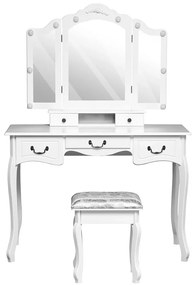 Set Tereza, Masă de toaletă cu 3 oglinzi iluminate LED, 5 sertare, scaun, Alb
