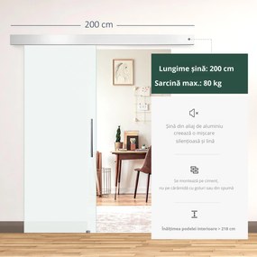 HOMCOM Ușă Glisantă din Sticlă Temperată Satinată, Kit Complet cu Șină și Mâner, 90x205cm | Aosom Romania