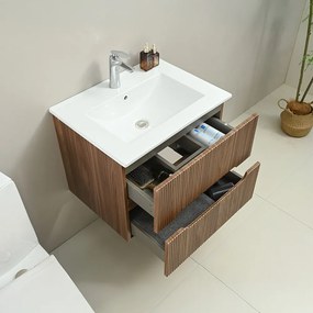 Mobilier de baie Trent 60 cm cu chiuvetă ceramică (2 sertare) și oglindă 60x80 cm stejar apus de soare