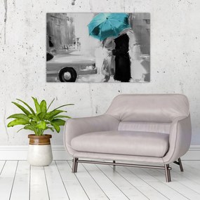 Tablou - Cuplu în dragoste cu umbrelă, albastru (90x60 cm)