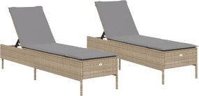 vidaXL Șezlonguri de plajă cu perne, 2 buc., bej, poliratan