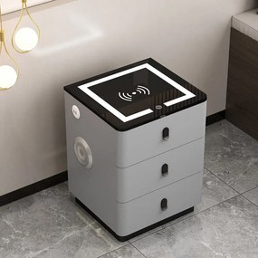 RESIGILAT- Set Margot, Masă de toaletă pentru machiaj cu oglindă iluminată LED, control touch, 6 sertare, comoda, scaun, Difuzor Bluetooth, zona încărcare fără fir, Gri, 80x40x75 cm