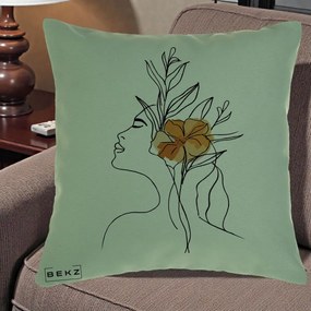 Perna Decorativa Portret Feminin Floare Portocalie Lateral, 40x40 cm, Verde, Husa Detasabila, Perna Inclusa, BEKZ®