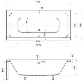 Cada baie dreptunghiulara, acril, 175 x 80 cm, Besco Quadro 1750x800 mm