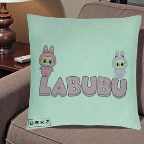 Perna Personalizata Labubu Duo Roz-Lila cu Text, 40x40 cm, Verde Menta, Husa Detasabila, Perna Inclusa, BEKZ®