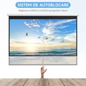 HOMCOM Ecran Proiector 100", 16:9, Montaj Perete/Tavan, Material Mat Premium, Blocare Automată, 221x124 cm, Alb | Aosom Romania